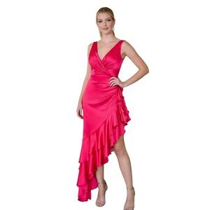 Mac Duggal Hot Pink Asymmetrical Ruffle Vneck Gown Size 2 NEW Bombshell BlackTie